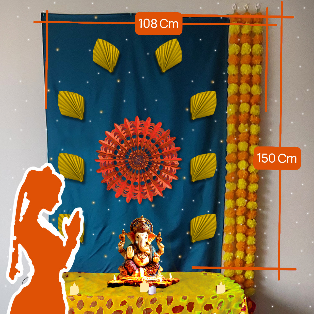 Royal Blue Sun Rise Dcoration for Ganesh Chaturthi, 108x150 cm size with Orange Sun Charkra