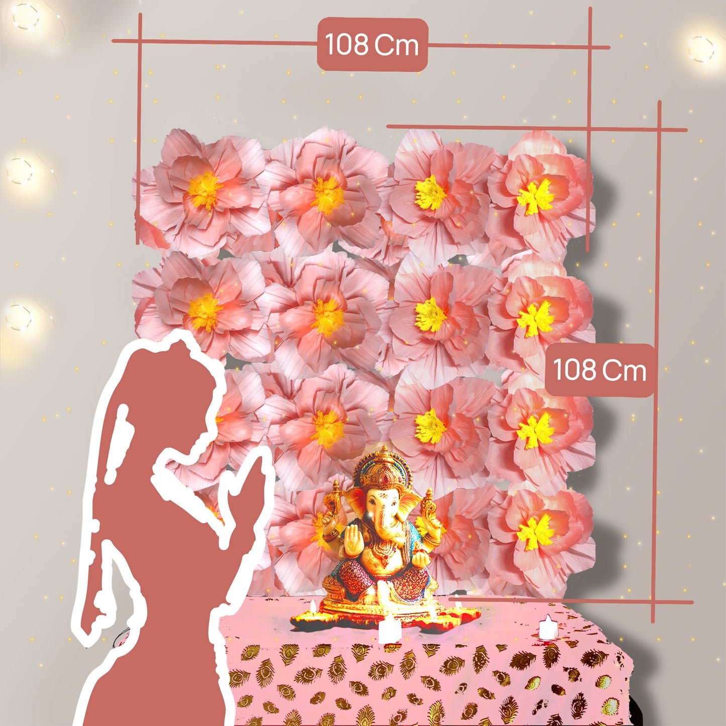 Ganesh Chaturthi Decoration Set, 108x108 cm, 16 Crepe Paper Flowers (27x27 cm), Brocade Table Cloth (150x100cm) (Pastel Pink)
