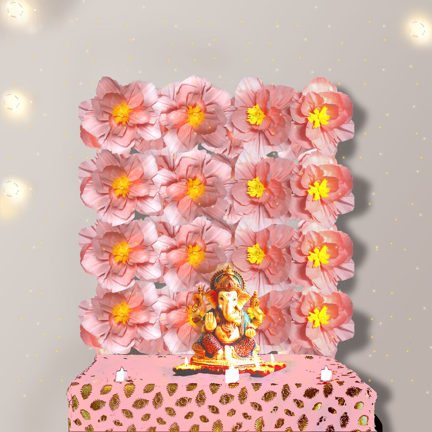 Ganesh Chaturthi Decoration Set, 108x108 cm, 16 Crepe Paper Flowers (27x27 cm), Brocade Table Cloth (150x100cm) (Pastel Pink)