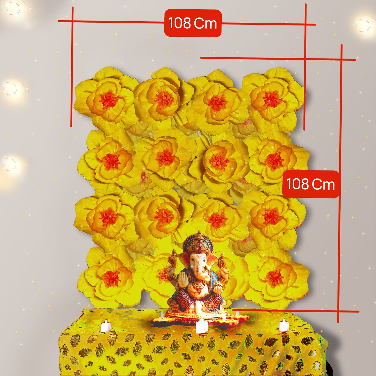 Ganesh Chaturthi Decoration Set, 108x108 cm, 16 Crepe Paper Flowers (27x27 cm), Brocade Table Cloth (150x100cm) (Yellow)