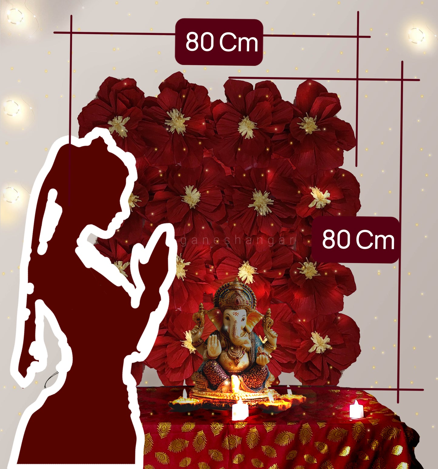 Ganesh Chaturthi Decoration Set, 108x108 cm, 16 Crepe Paper Flowers (27x27 cm), Brocade Table Cloth (150x100cm) (Red))