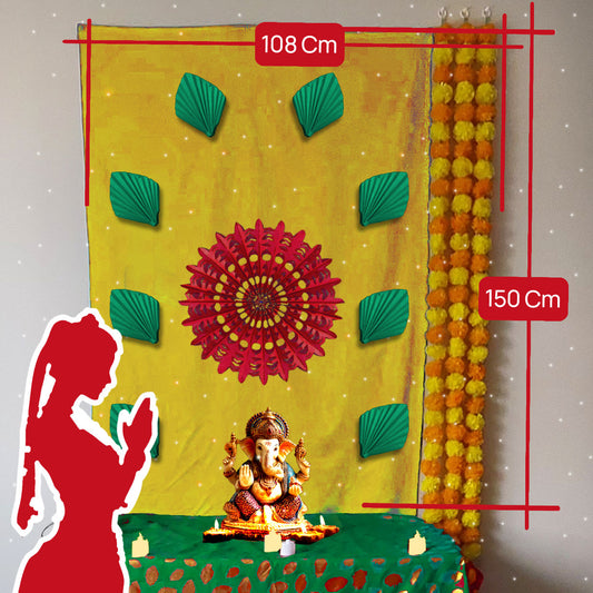 Yellow Sun Rise Dcoration for Ganesh Chaturthi, 108x150 cm size with Orange Sun Charkra