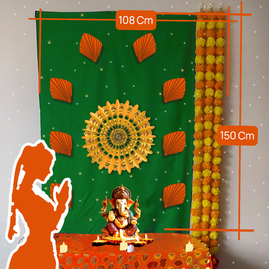 Green Sun Rise Dcoration for Ganesh Chaturthi, 108x150 cm size with Yellow Sun Charkra