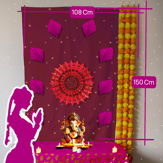 Maroon Sun Rise Dcoration for Ganesh Chaturthi, 108x150 cm size with Orange Sun Charkra