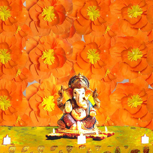 Ganesh Chaturthi Decoration Set, 216x216 cm, 64 Crepe Paper Flowers (27x27 cm), Brocade Table Cloth (150x100cm) (Orange)