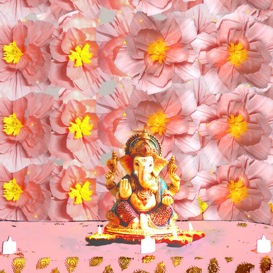 Ganesh Chaturthi Decoration Set, 216x216 cm, 64 Crepe Paper Flowers (27x27 cm), Brocade Table Cloth (150x100cm) (Pink))