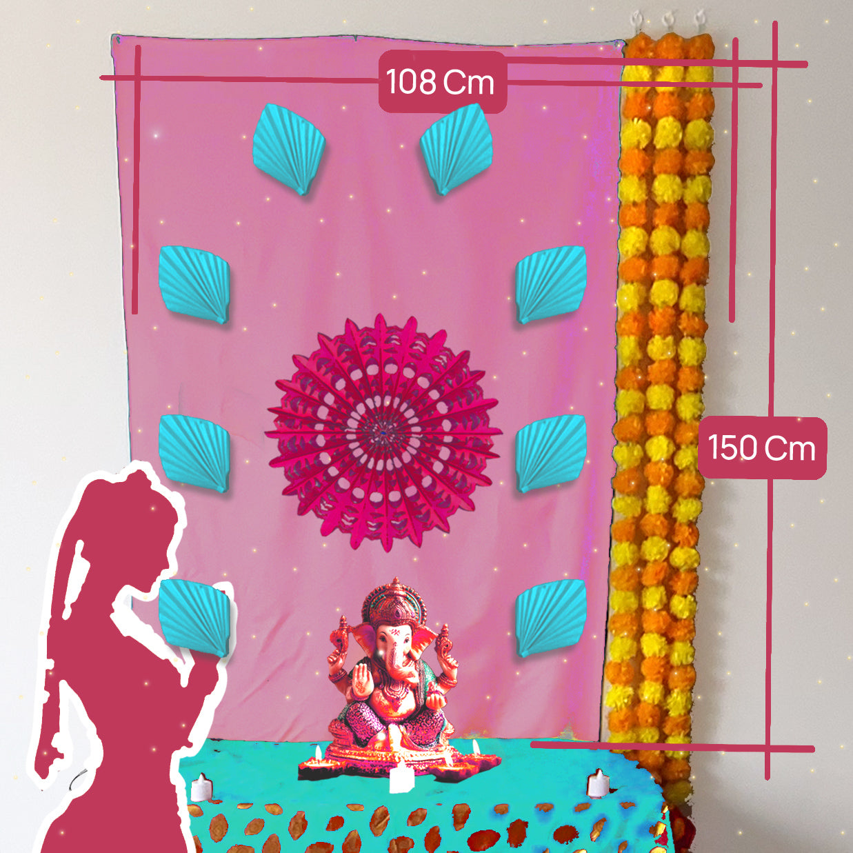 Pastel Pink Dcoration for Ganesh Chaturthi, 108x150 cm with sun charkra