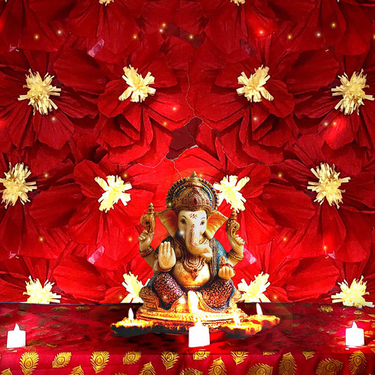 Ganesh Chaturthi Decoration Set, 216x216 cm, 64 Crepe Paper Flowers (27x27 cm), Brocade Table Cloth (150x100cm) (Red))