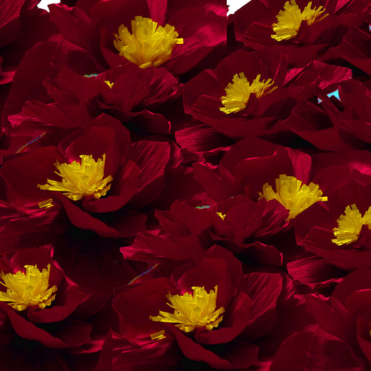 Ganesh Chaturthi Decoration Set, 108x108 cm, 16 Crepe Paper Flowers (27x27 cm), Brocade Table Cloth (150x100cm) (Red))