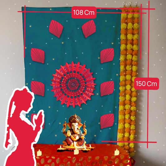 Viridian Sun Rise Dcoration for Ganesh Chaturthi, 108x150 cm size with Peach Sun Charkra