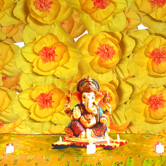Ganesh Chaturthi Decoration Set, 216x216 cm, 64 Crepe Paper Flowers (27x27 cm), Brocade Table Cloth (150x100cm) (Yellow))