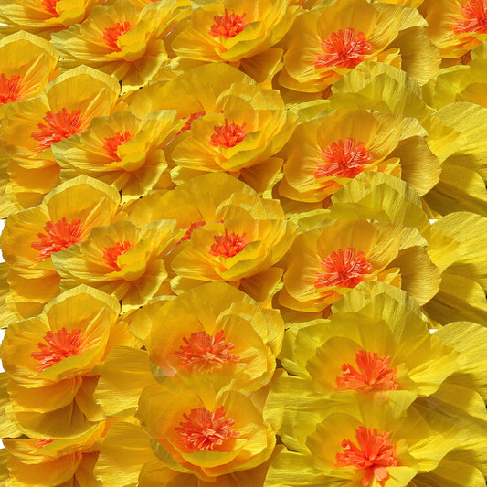 Ganesh Chaturthi Decoration Set, 108x108 cm, 16 Crepe Paper Flowers (27x27 cm), Brocade Table Cloth (150x100cm) (Yellow)