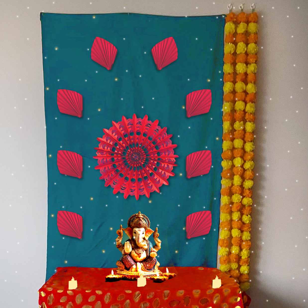 Viridian Sun Rise Dcoration for Ganesh Chaturthi, 108x150 cm size with Peach Sun Charkra