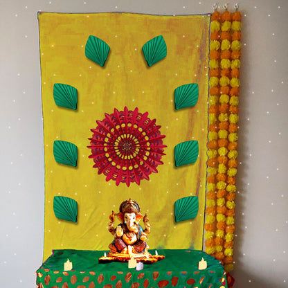 Yellow Sun Rise Dcoration for Ganesh Chaturthi, 108x150 cm size with Orange Sun Charkra