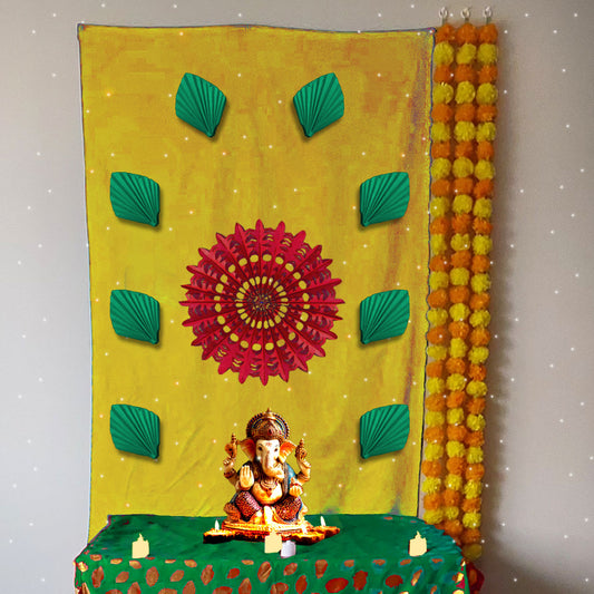 Yellow Sun Rise Dcoration for Ganesh Chaturthi, 108x150 cm size with Orange Sun Charkra