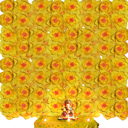 Ganesh Chaturthi Decoration Set, 216x216 cm, 64 Crepe Paper Flowers (27x27 cm), Brocade Table Cloth (150x100cm) (Yellow))