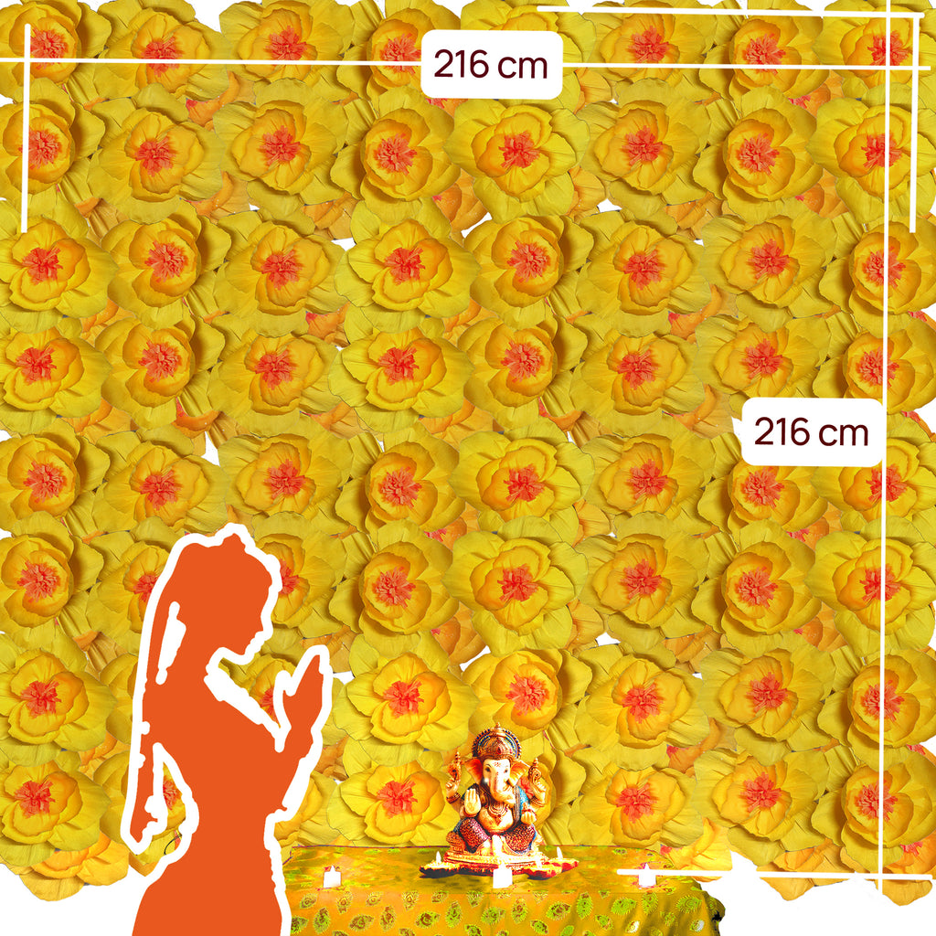 Ganesh Chaturthi Decoration Set, 216x216 cm, 64 Crepe Paper Flowers (27x27 cm), Brocade Table Cloth (150x100cm) (Yellow))