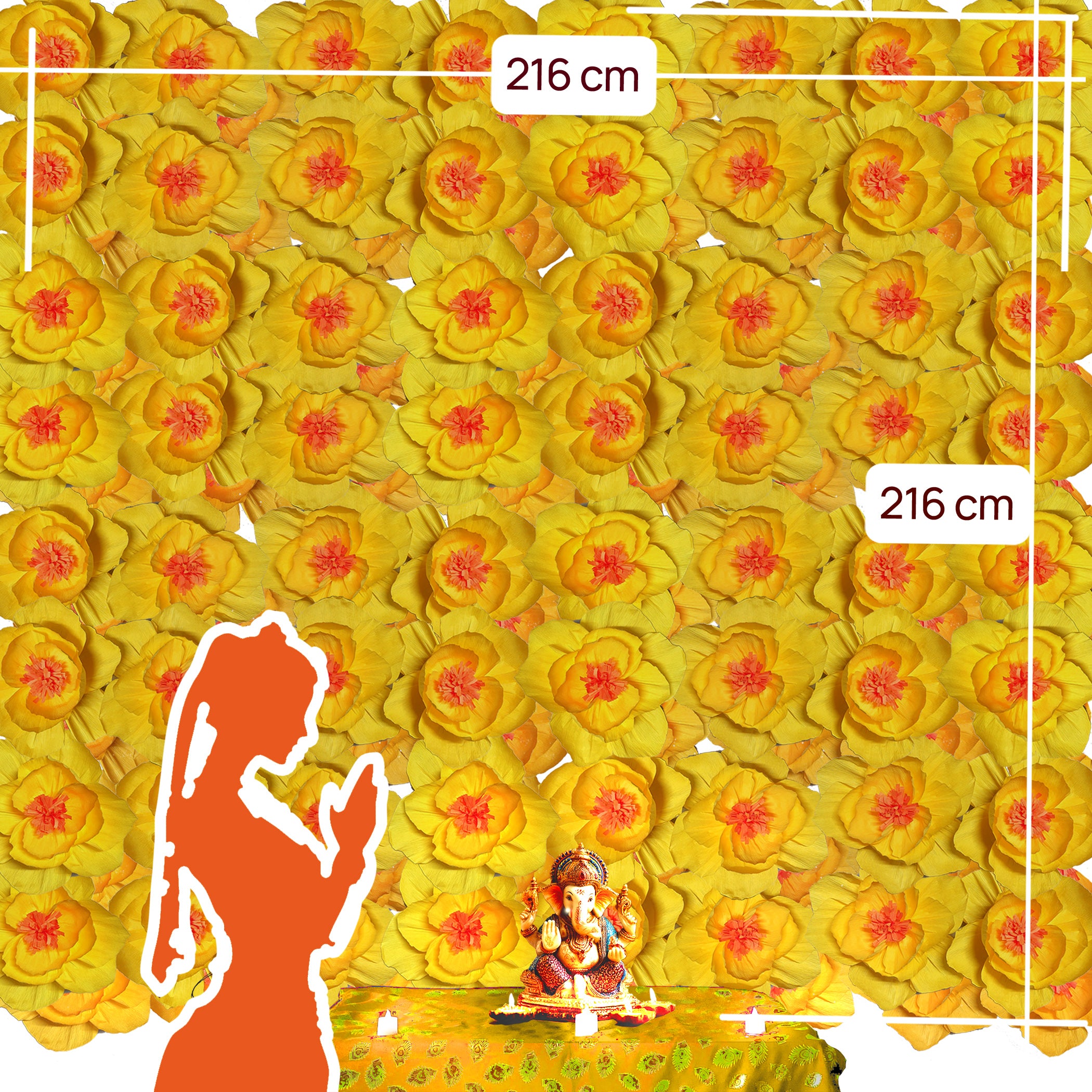 Ganesh Chaturthi Decoration Set, 216x216 cm, 64 Crepe Paper Flowers (27x27 cm), Brocade Table Cloth (150x100cm) (Yellow))