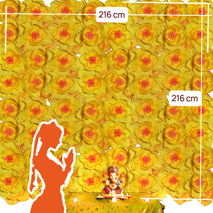 Ganesh Chaturthi Decoration Set, 216x216 cm, 64 Crepe Paper Flowers (27x27 cm), Brocade Table Cloth (150x100cm) (Yellow))