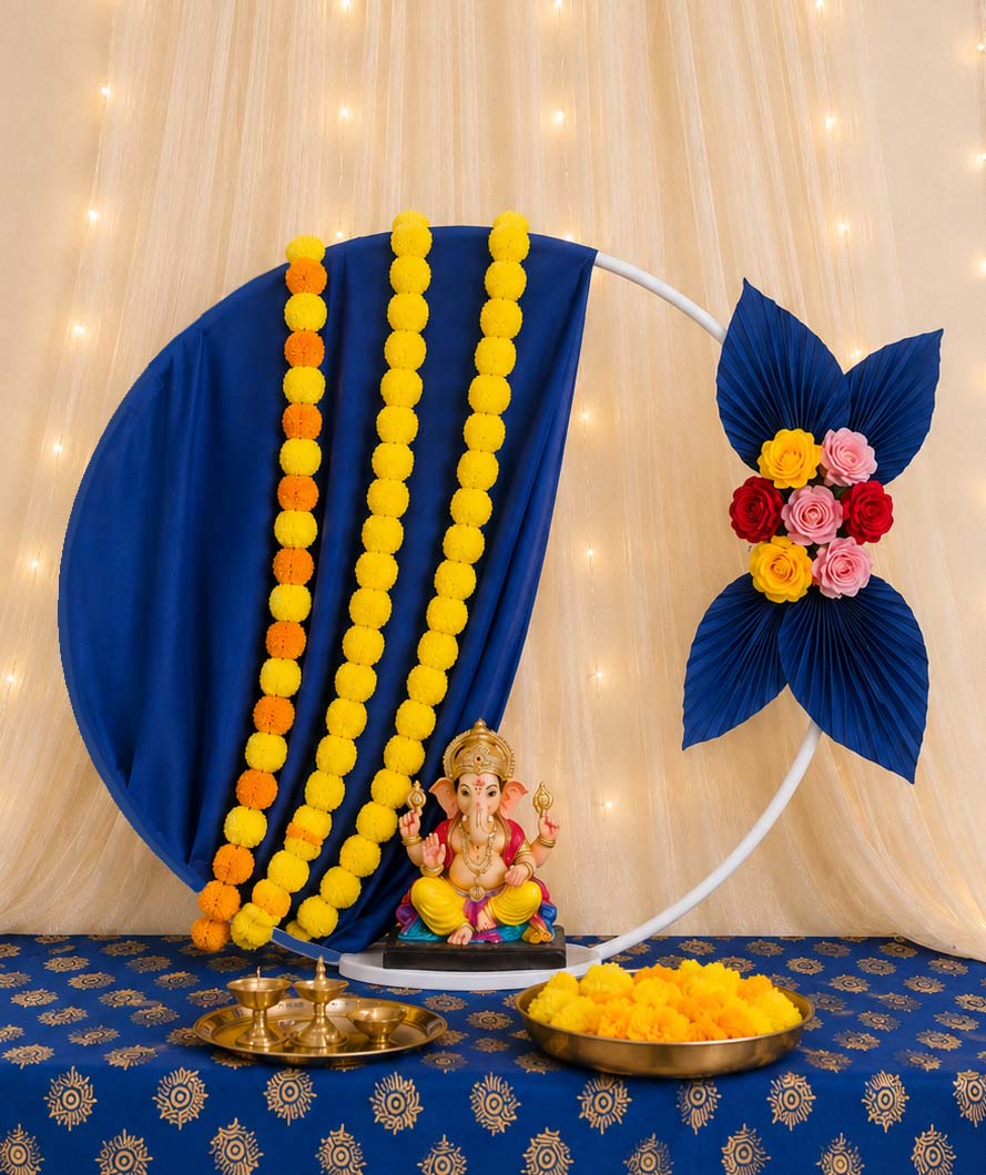 Royal Lotus Moon Circular Metal Backdrop Set | Ganesh Chaturthi
