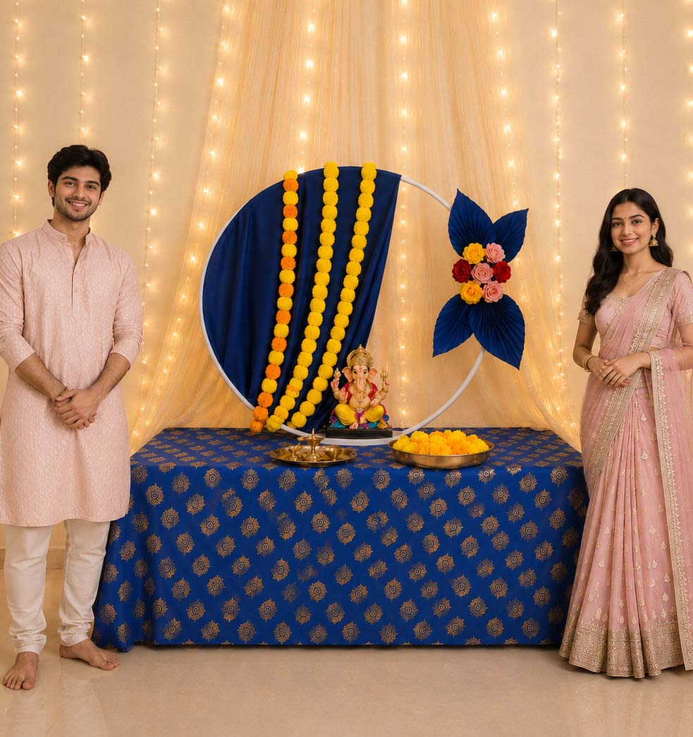 Royal Lotus Moon Circular Metal Backdrop Set | Ganesh Chaturthi