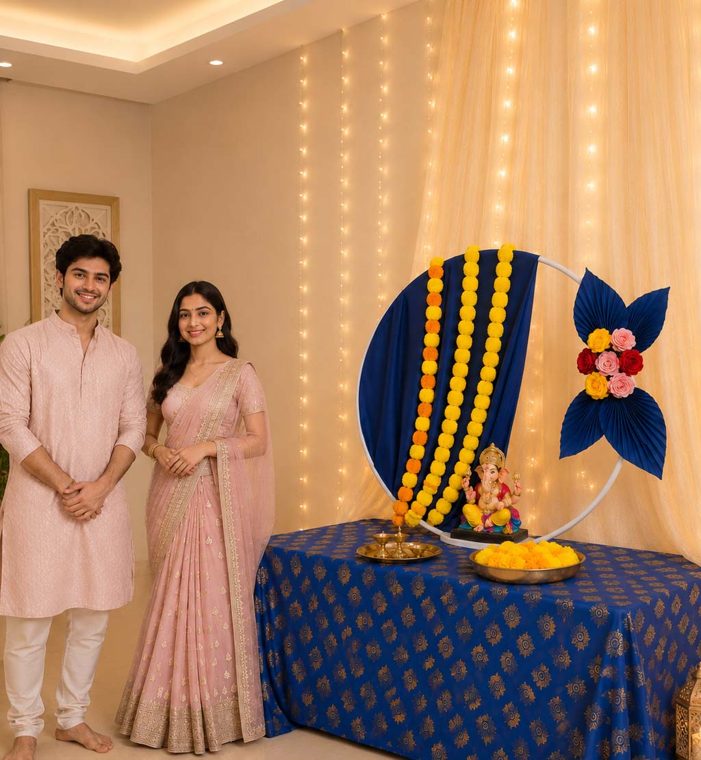 Royal Lotus Moon Circular Metal Backdrop Set | Ganesh Chaturthi
