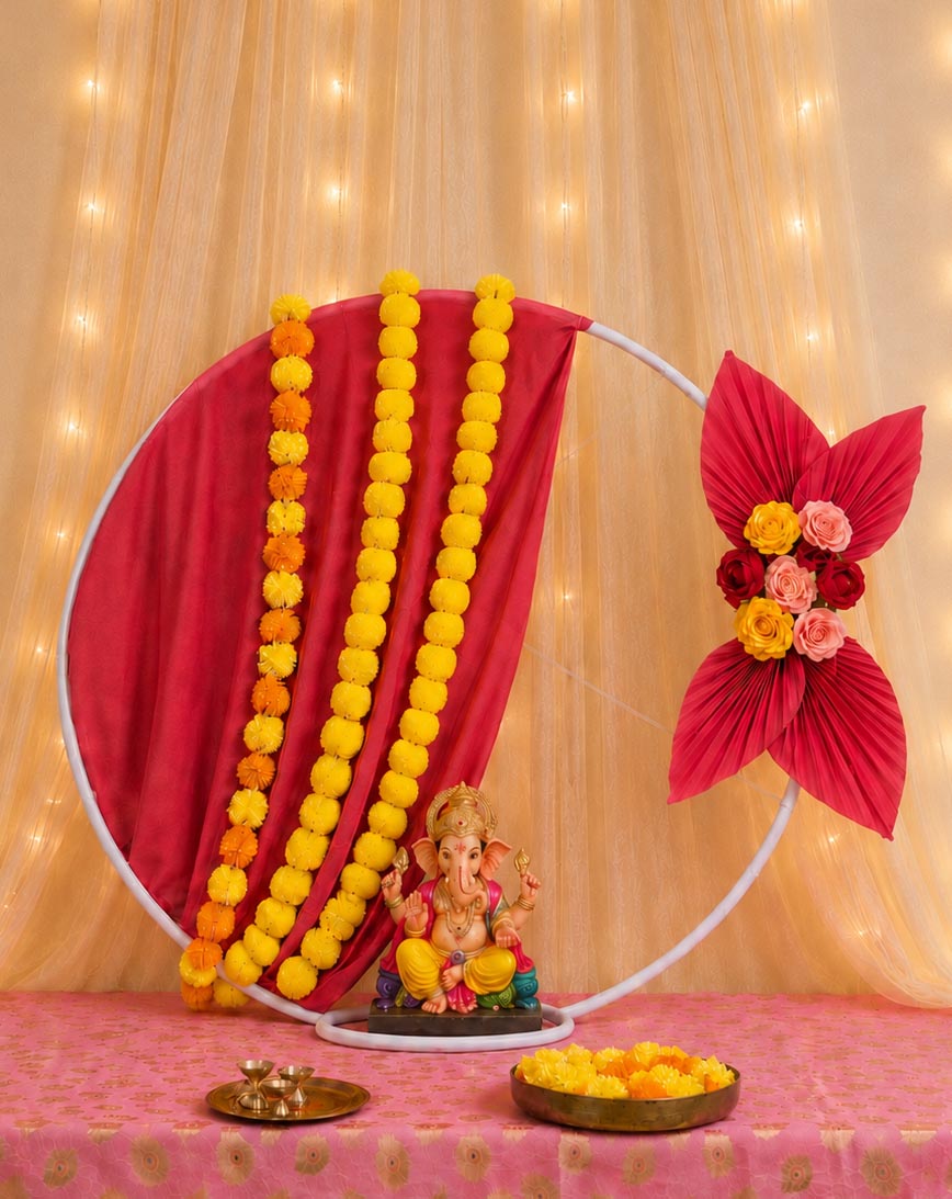 Royal Lotus Moon Circular Metal Backdrop Set | Ganesh Chaturthi