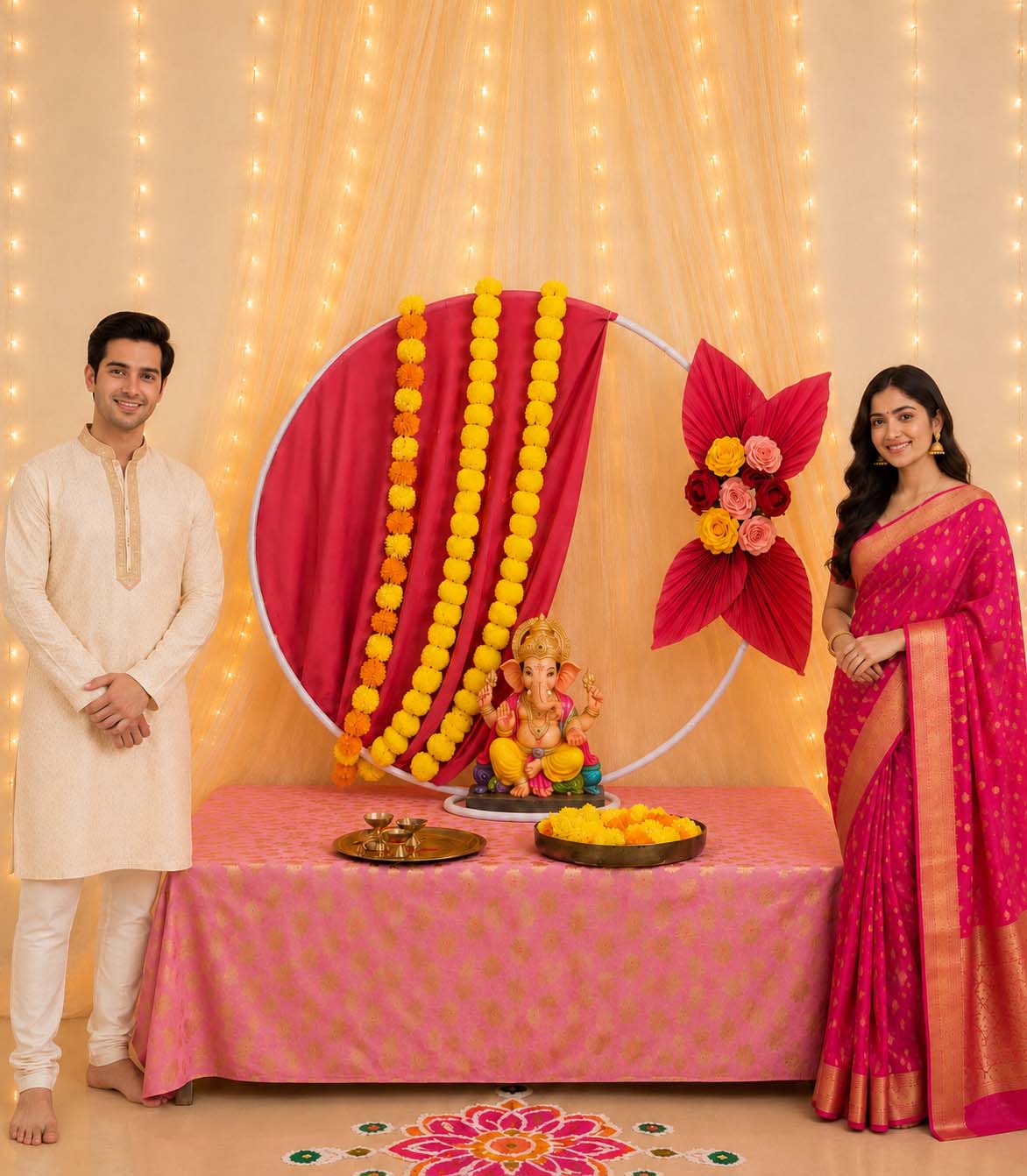 Royal Lotus Moon Circular Metal Backdrop Set | Ganesh Chaturthi