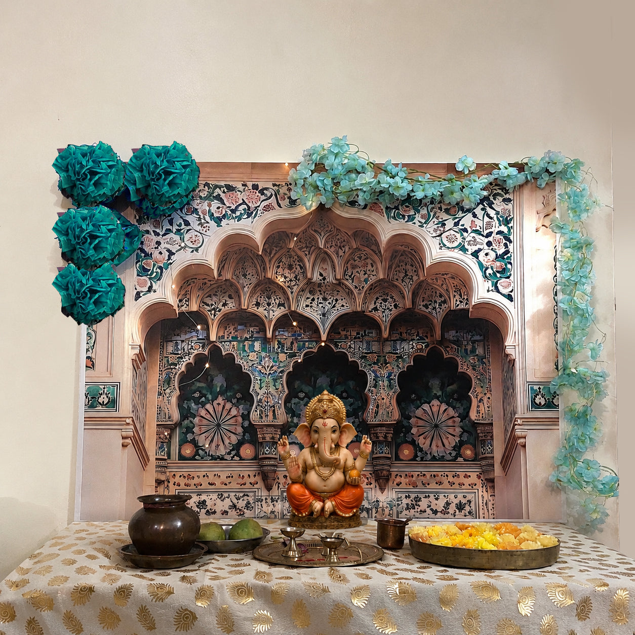 Turquoise Palace Arc Theme | Ganesh Chaturthi Decoration Backdrop