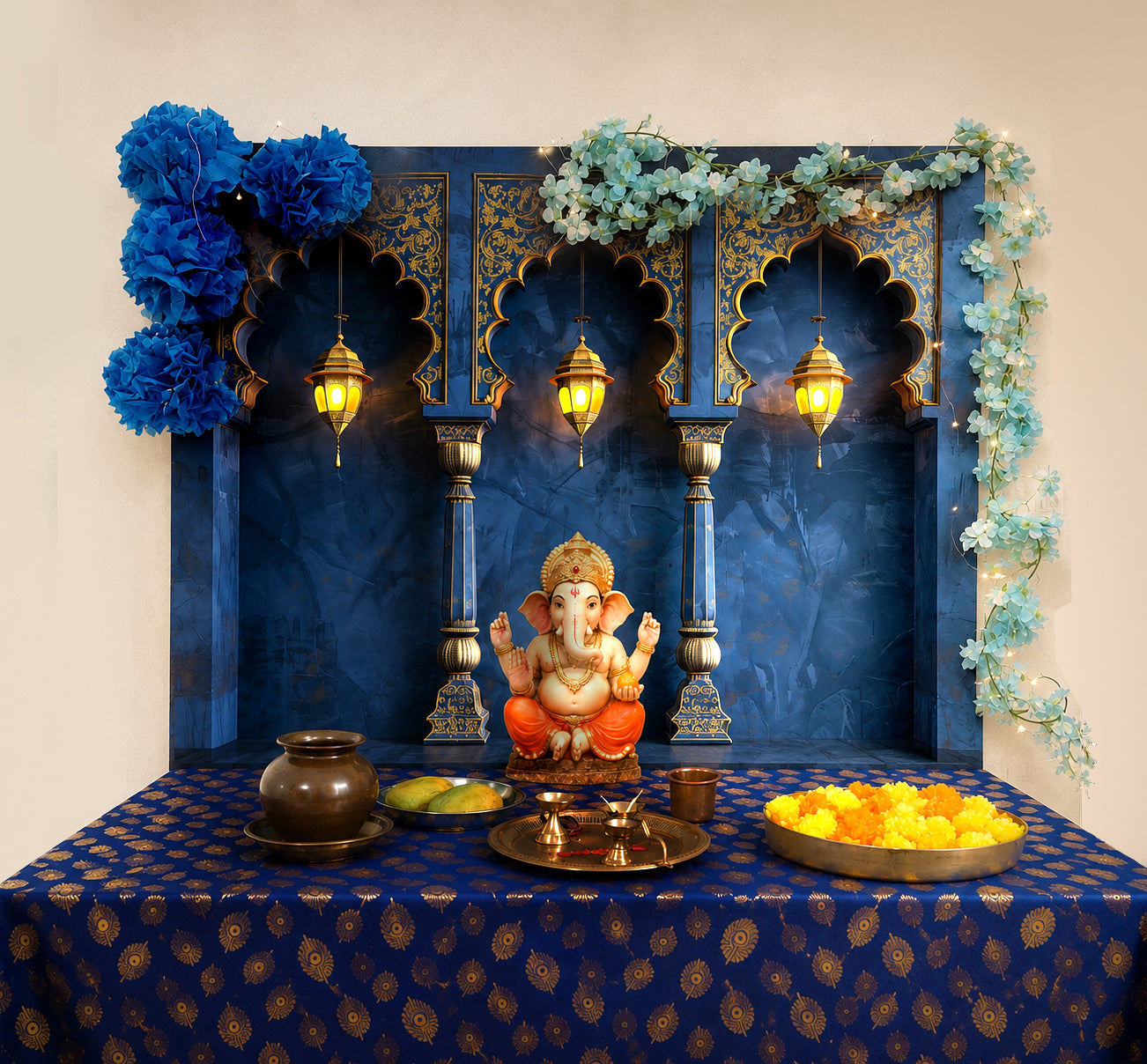 Royal Blue Palace Arc Theme | Ganesh Chaturthi Decoration Backdrop