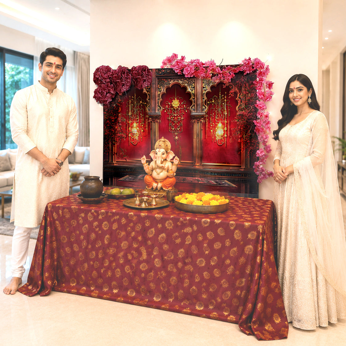 Royal Red Palace Arc Theme | Ganesh Chaturthi Decoration Backdrop