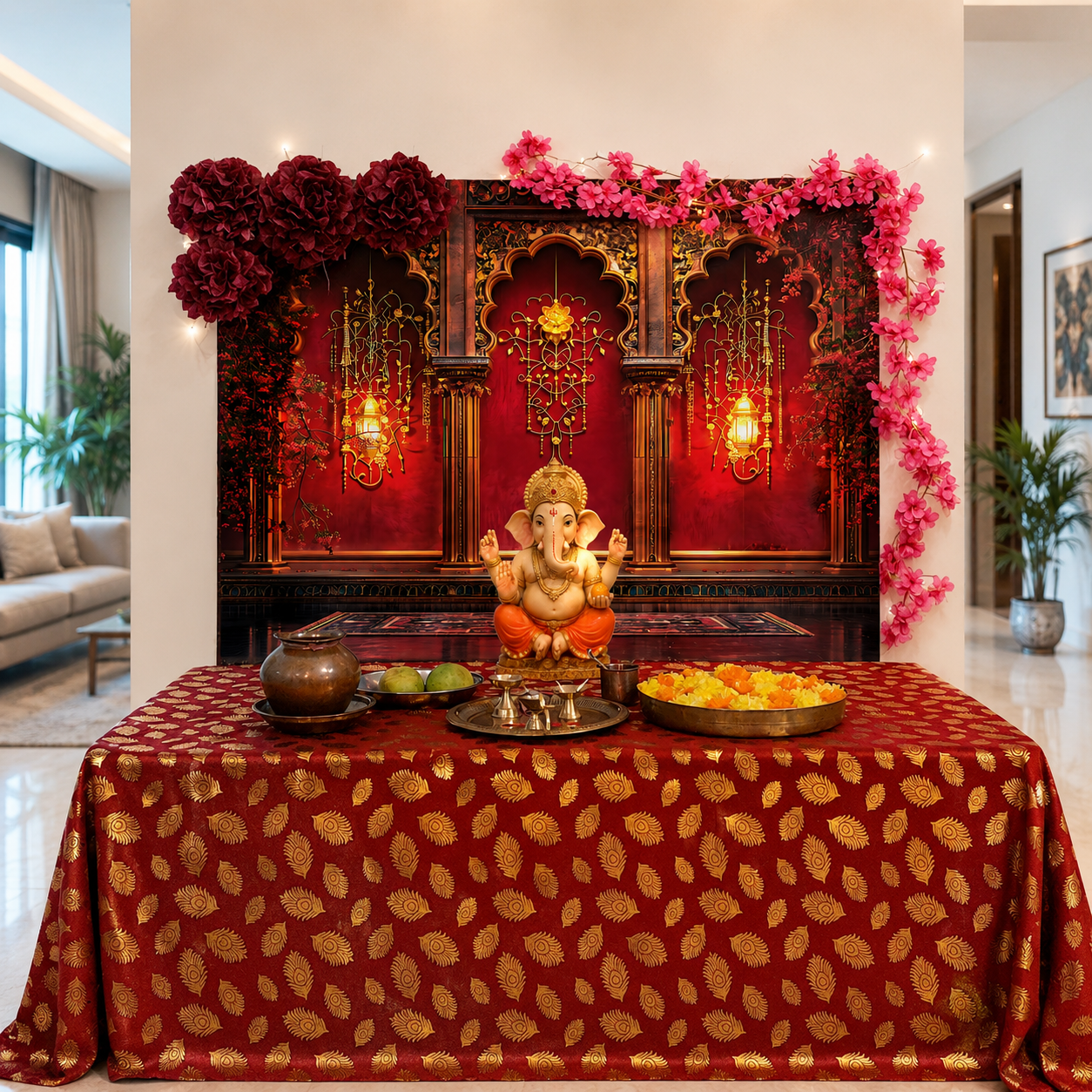 Royal Red Palace Arc Theme | Ganesh Chaturthi Decoration Backdrop