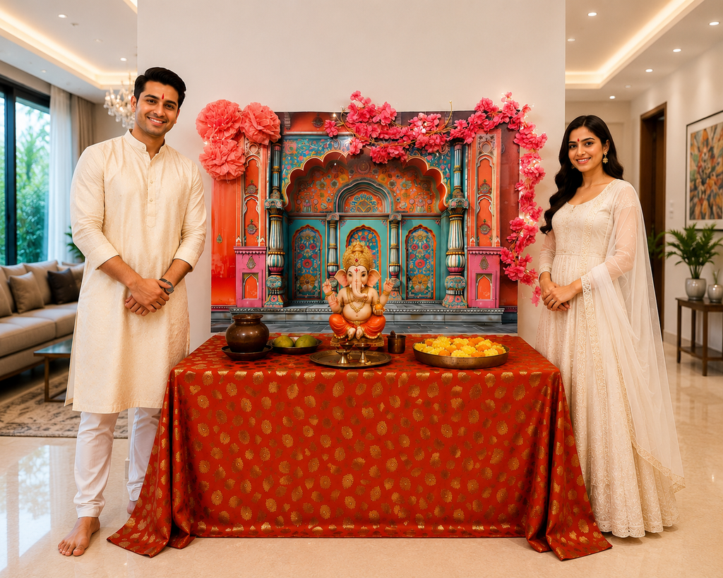 Orange-Teal Palace Arc Theme | Ganesh Chaturthi Decoration Backdrop