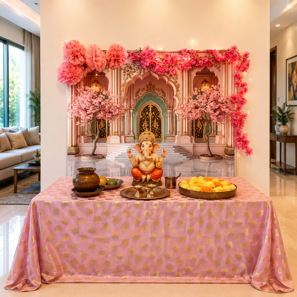 Lotus Pink Palace Arc Theme | Ganesh Chaturthi Decoration Backdrop
