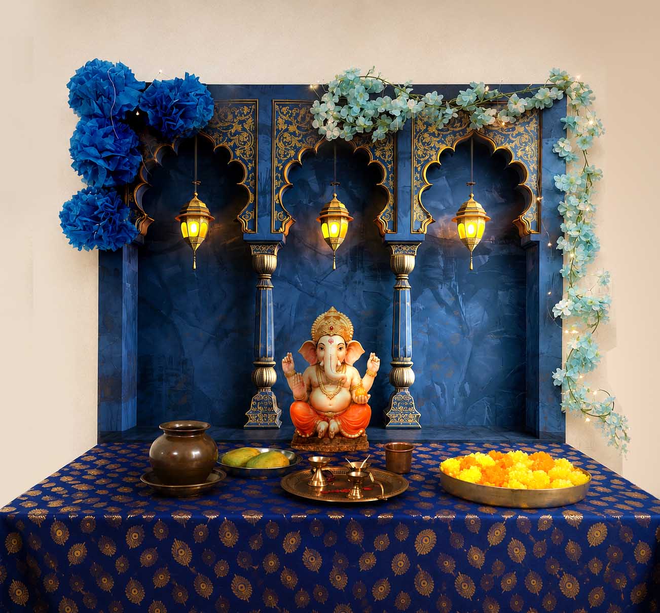 Royal Blue Palace Arc Theme | Ganesh Chaturthi Decoration Backdrop
