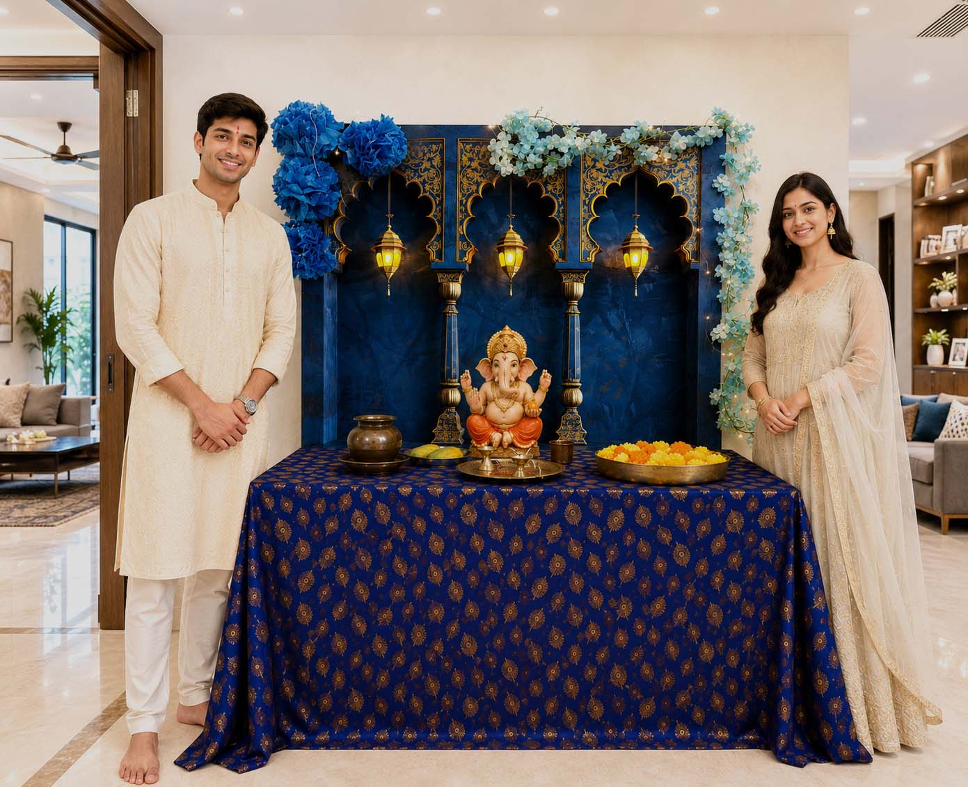 Royal Blue Palace Arc Theme | Ganesh Chaturthi Decoration Backdrop