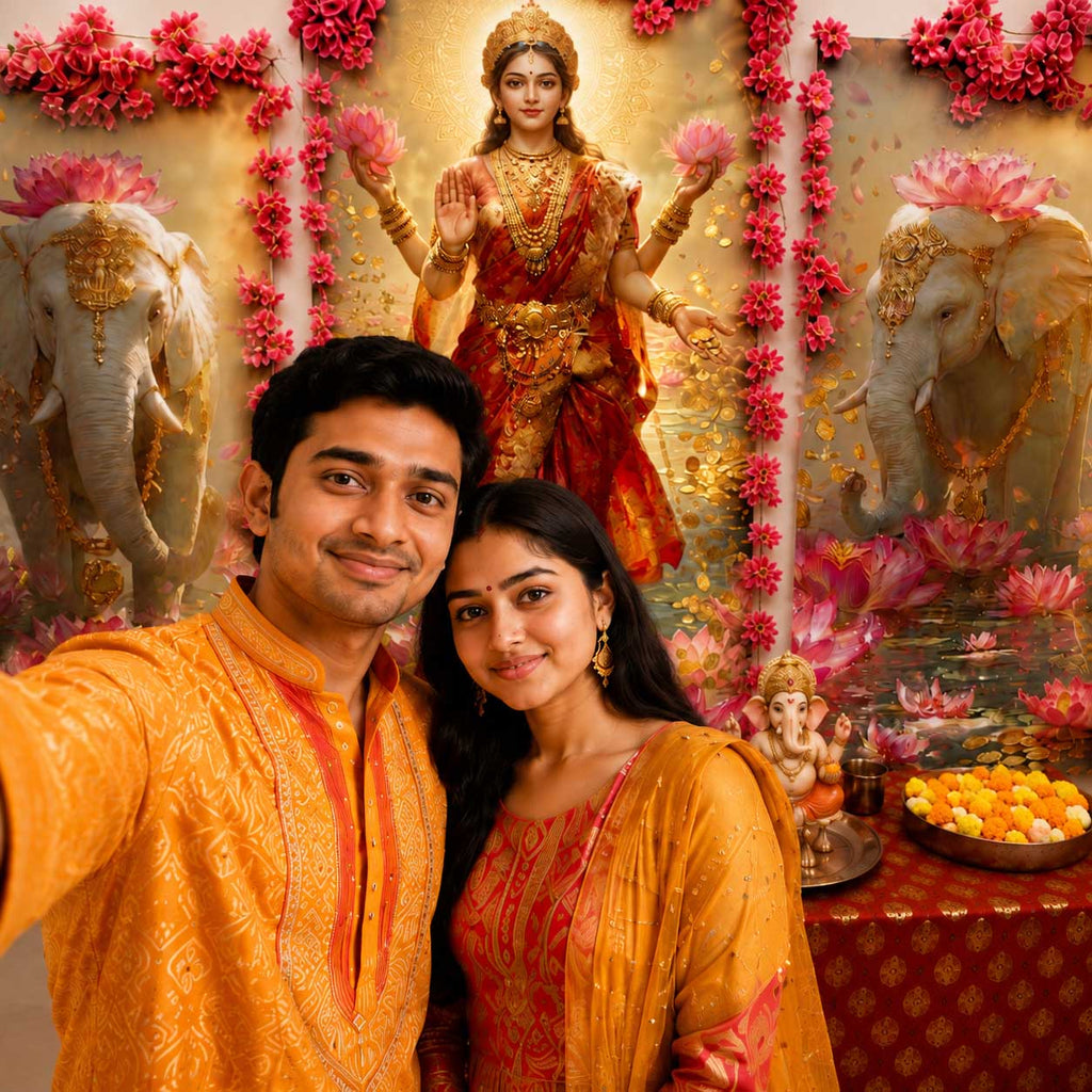 Maa Lakshmi | Maa Lakshmi Digital Painting Backdrop with FREE Premium Decoration Kit | Ganesh Chaturthi