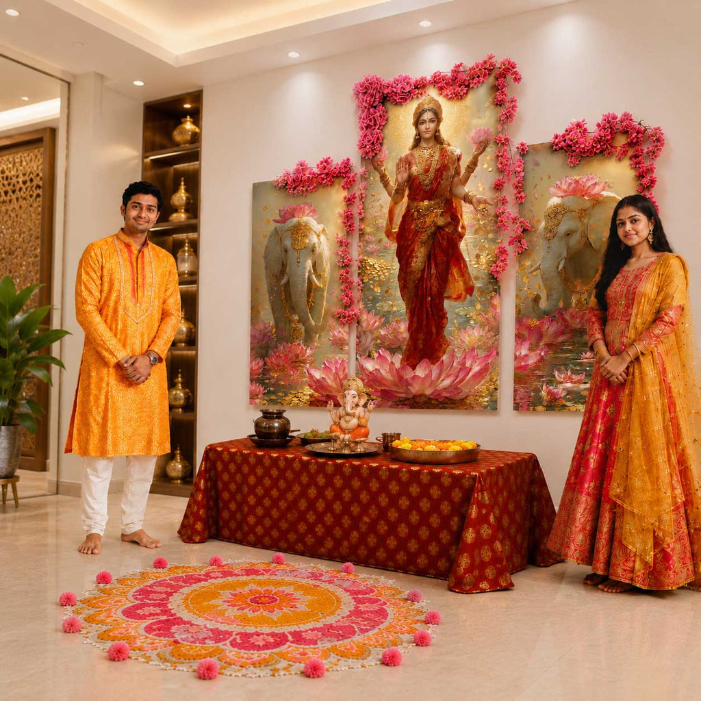 Maa Lakshmi | Maa Lakshmi Digital Painting Backdrop with FREE Premium Decoration Kit | Ganesh Chaturthi