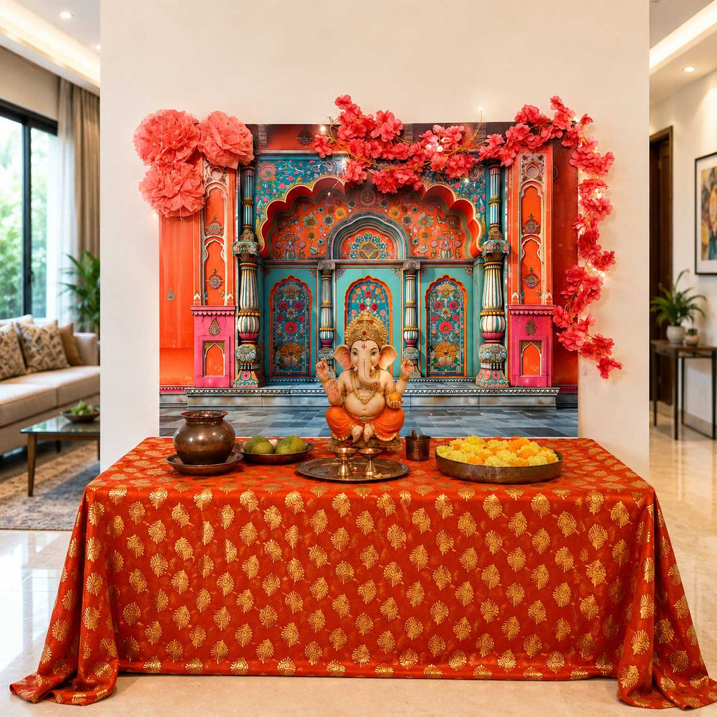 Orange-Teal Palace Arc Theme | Ganesh Chaturthi Decoration Backdrop