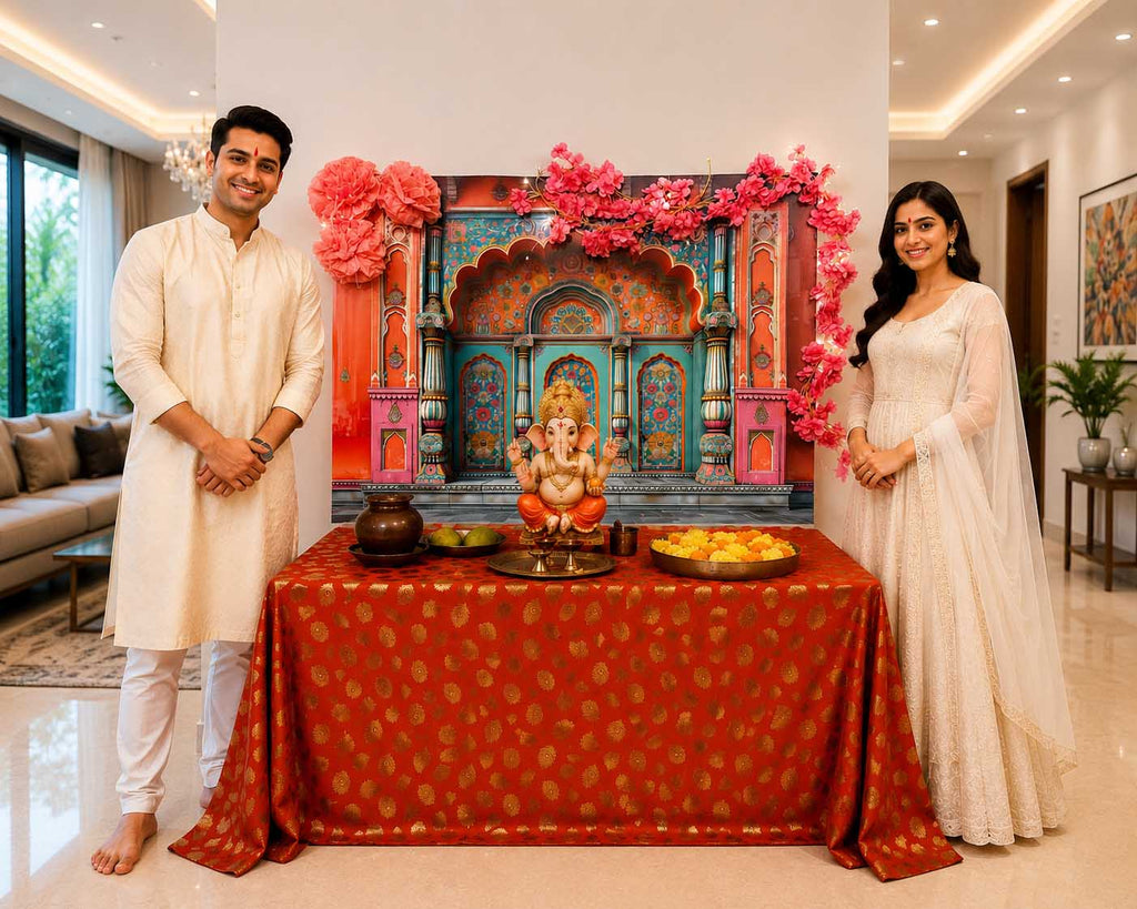 Orange-Teal Palace Arc Theme | Ganesh Chaturthi Decoration Backdrop