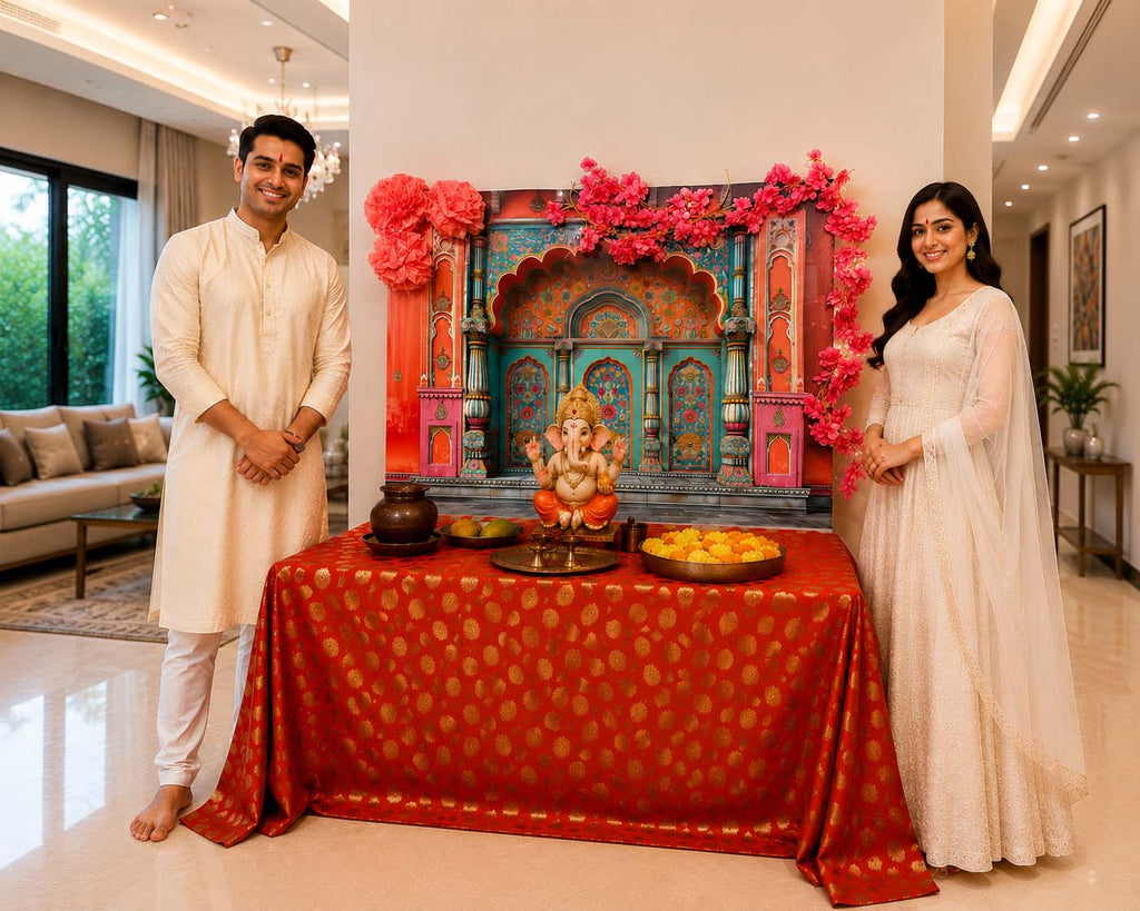 Orange-Teal Palace Arc Theme | Ganesh Chaturthi Decoration Backdrop