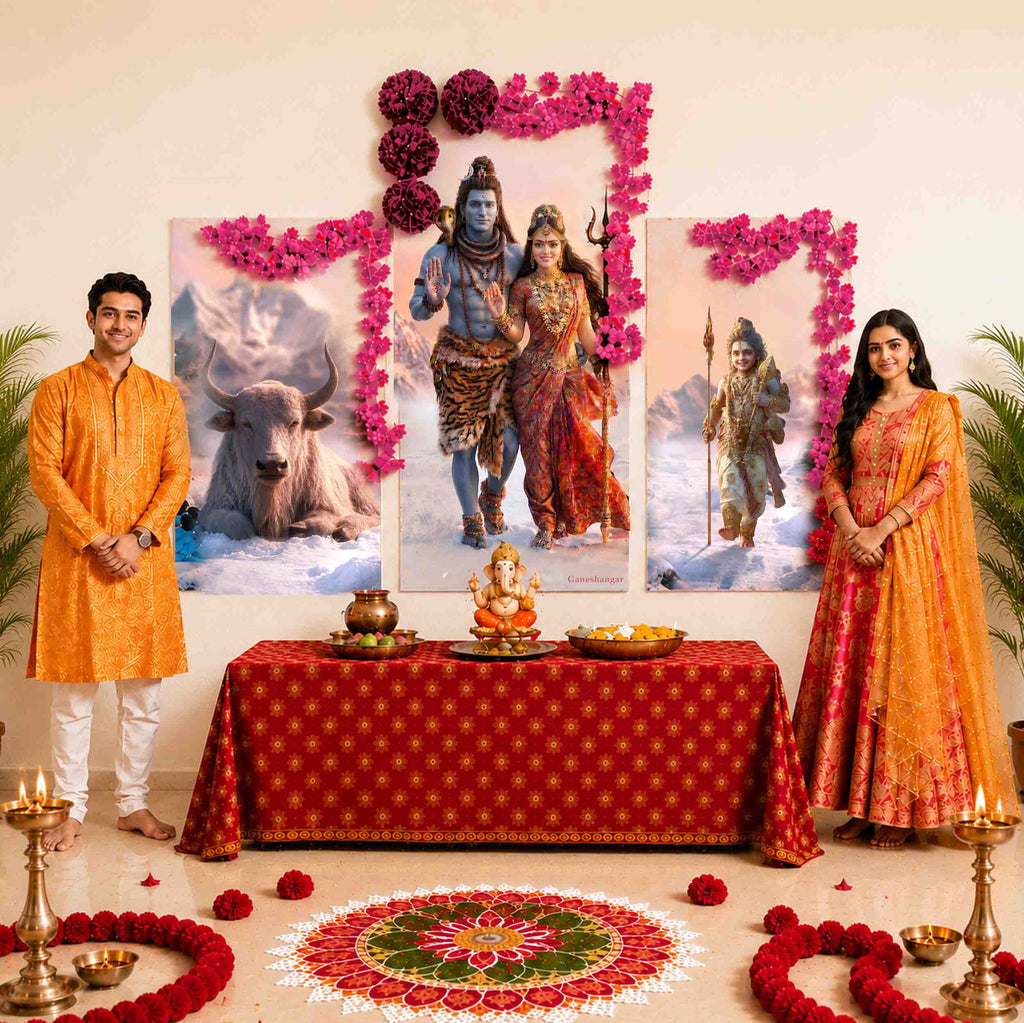 Shiv Parvati | Divine Digital Painting Backdrop with FREE Premium Decoration Kit | Ganesh Chaturthi