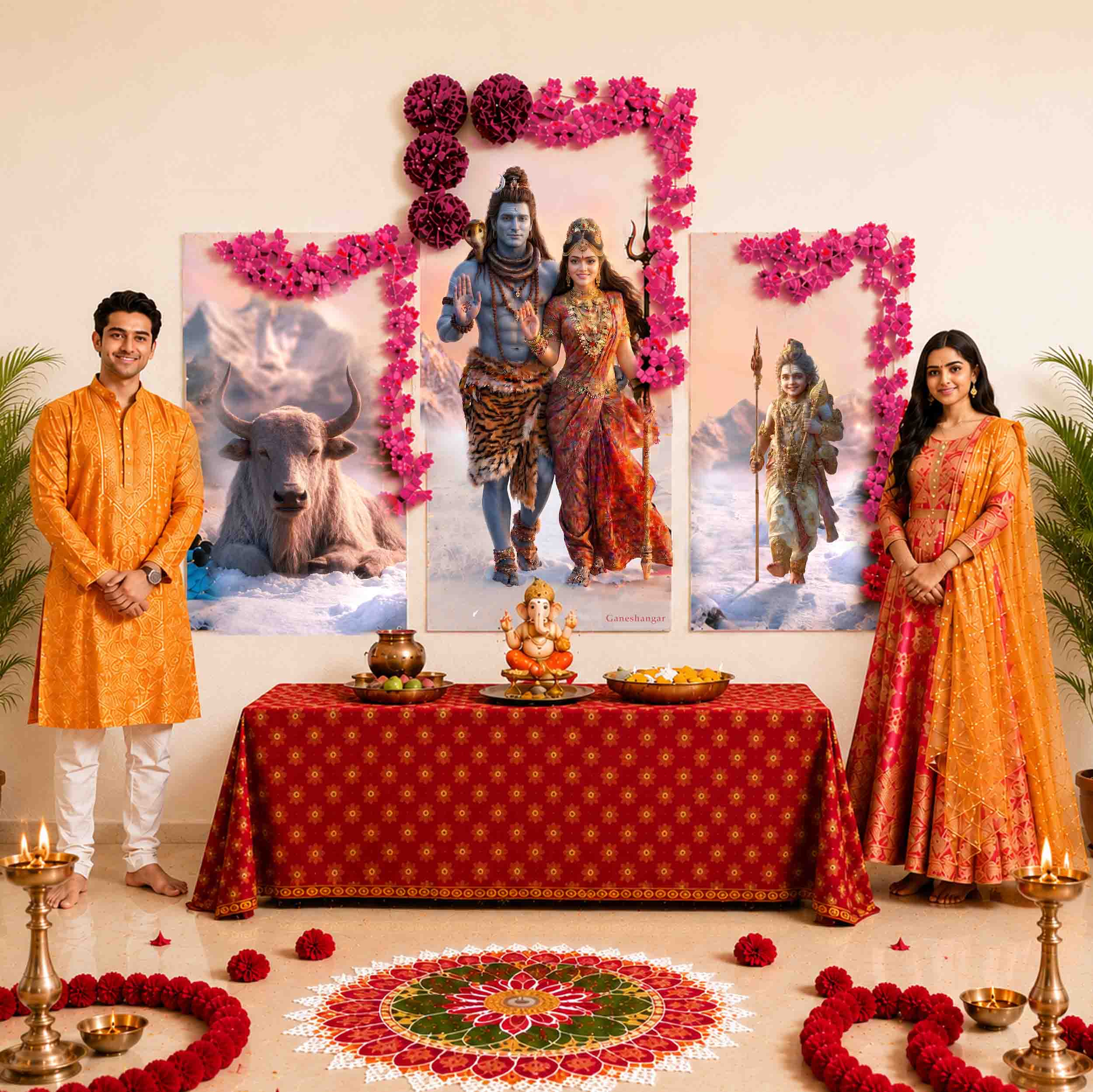 Shiv Parvati | Divine Digital Painting Backdrop with FREE Premium Decoration Kit | Ganesh Chaturthi