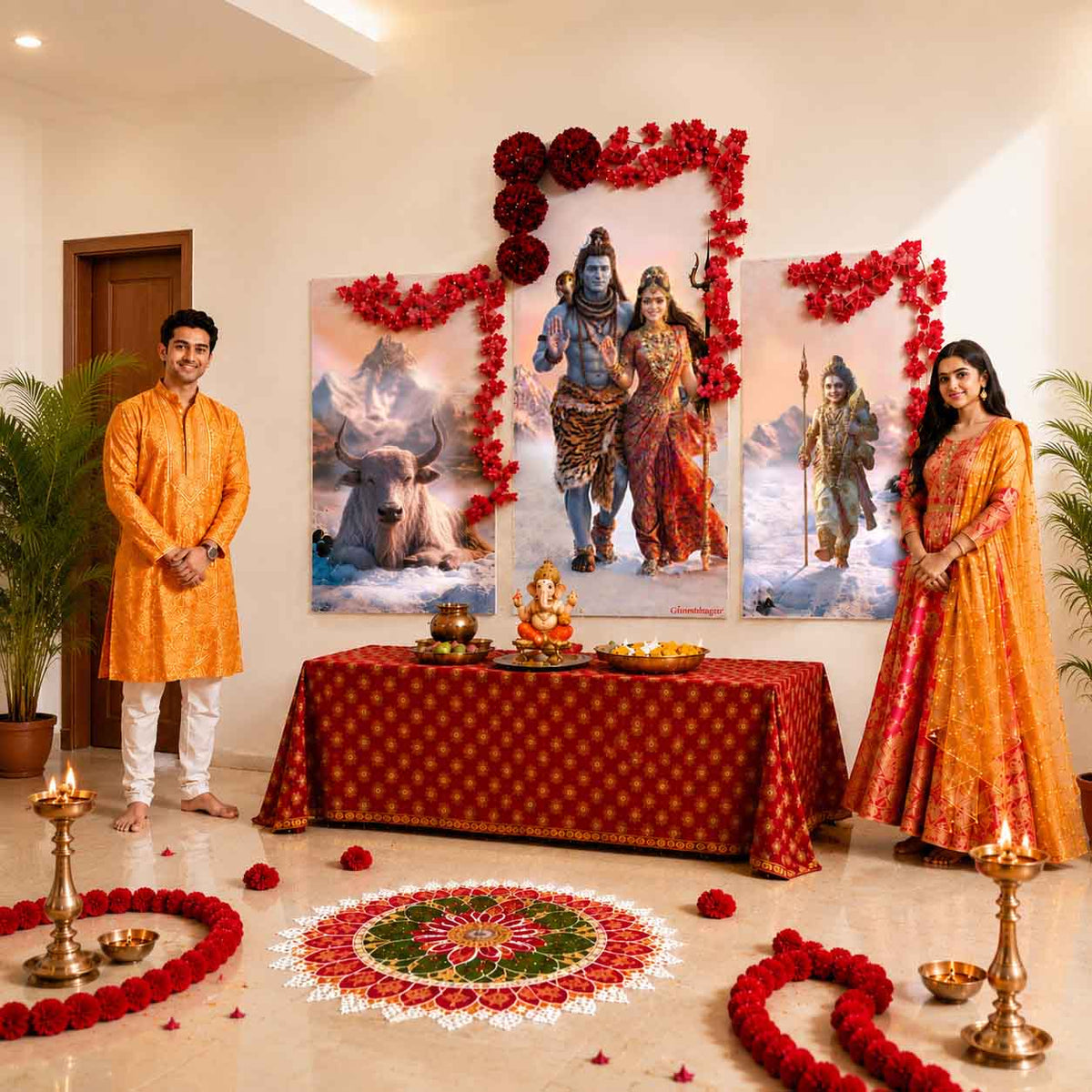 Shiv Parvati | Divine Digital Painting Backdrop with FREE Premium Decoration Kit | Ganesh Chaturthi