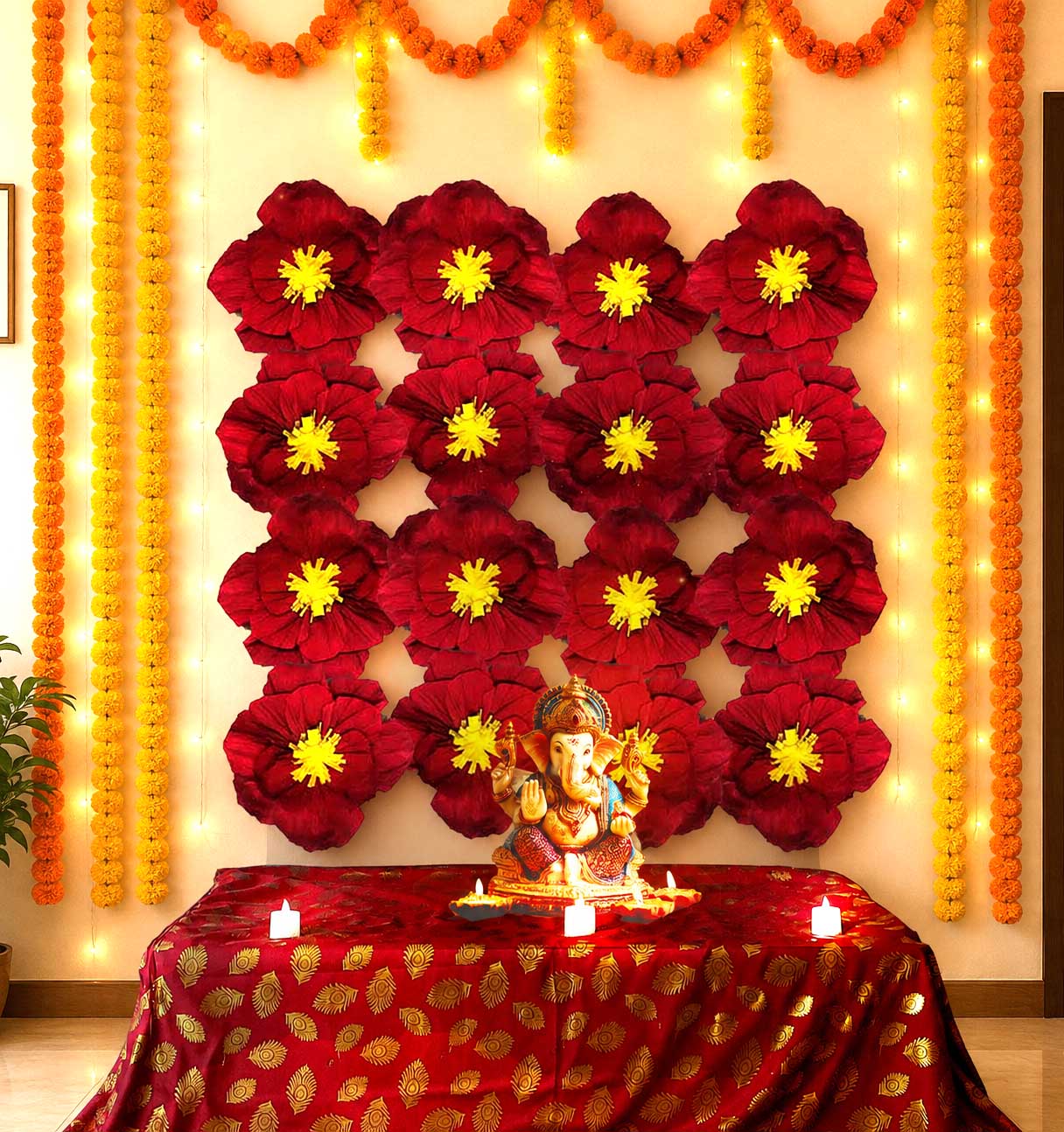 Eco-Friendly Ganesh Chaturthi Decoration Set, 108x108 cm, 16 Crepe Paper Flowers (27x27 cm), Brocade Table Cloth (150x100cm)