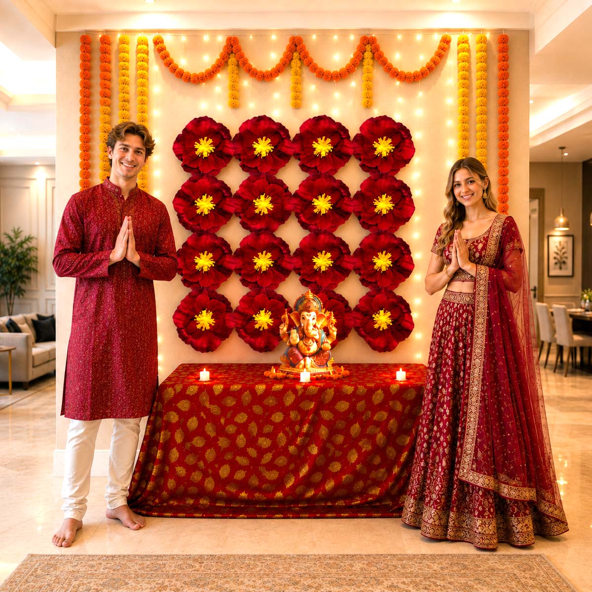Eco-Friendly Ganesh Chaturthi Decoration Set, 108x108 cm, 16 Crepe Paper Flowers (27x27 cm), Brocade Table Cloth (150x100cm)