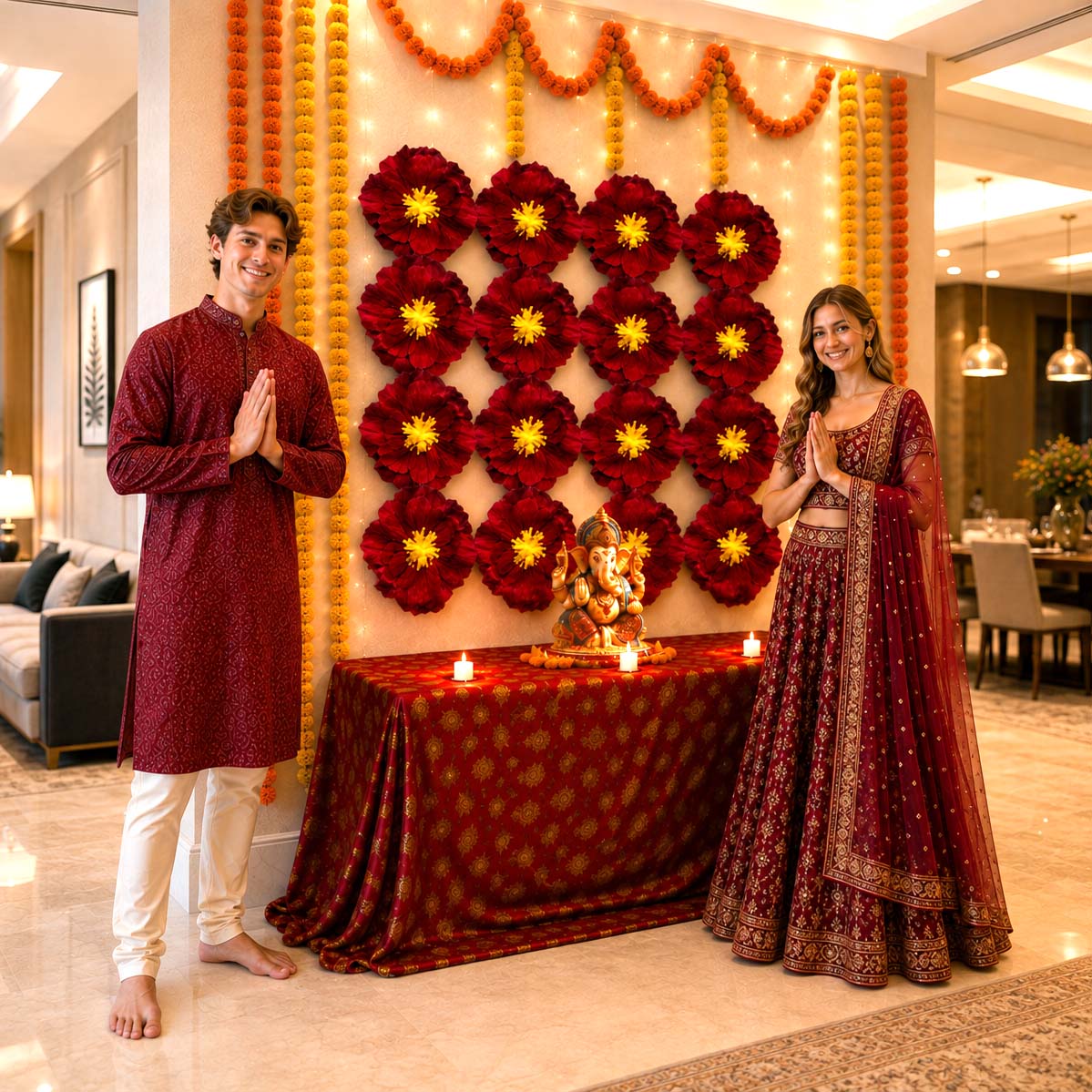 Eco-Friendly Ganesh Chaturthi Decoration Set, 108x108 cm, 16 Crepe Paper Flowers (27x27 cm), Brocade Table Cloth (150x100cm)