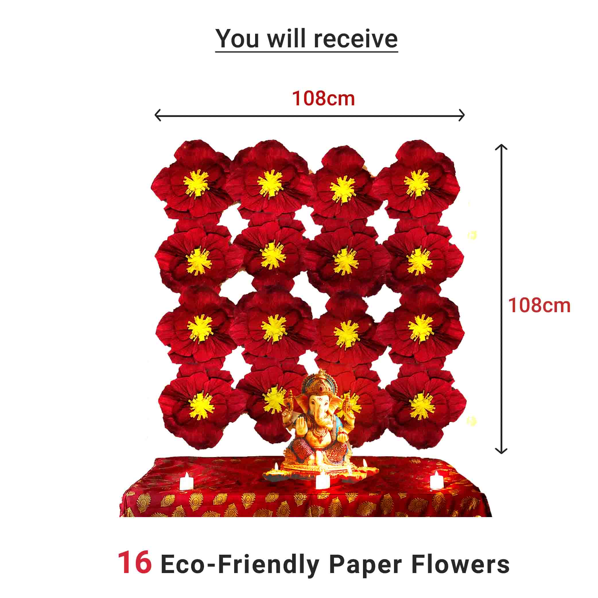Eco-Friendly Ganesh Chaturthi Decoration Set, 108x108 cm, 16 Crepe Paper Flowers (27x27 cm), Brocade Table Cloth (150x100cm)