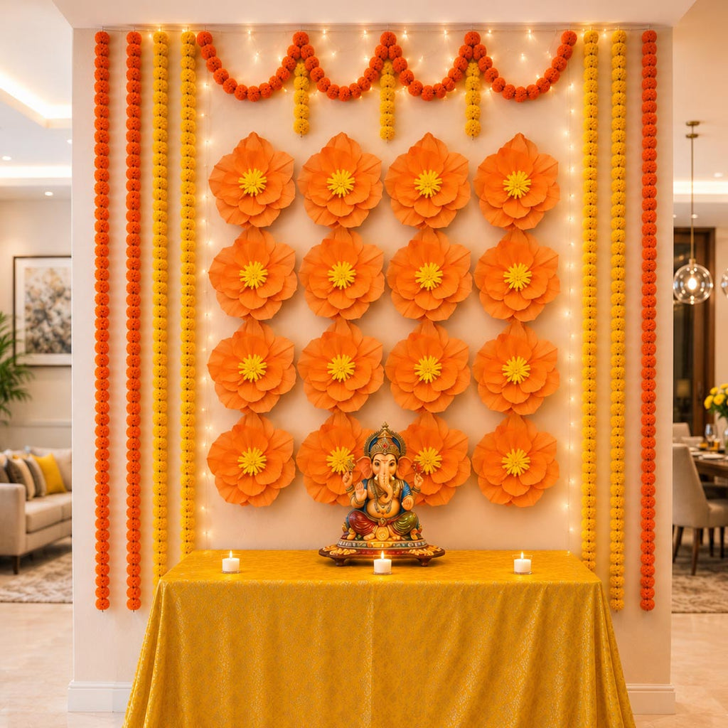 Eco-Friendly Ganesh Chaturthi Decoration Set, 108x108 cm, 16 Crepe Paper Flowers (27x27 cm), Brocade Table Cloth (150x100cm)