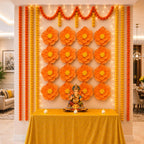 Eco-Friendly Ganesh Chaturthi Decoration Set, 108x108 cm, 16 Crepe Paper Flowers (27x27 cm), Brocade Table Cloth (150x100cm)